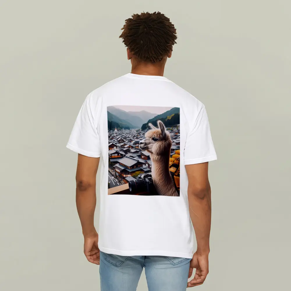 Alpaca Tourist Overlooking Japanese Mountain Town – T-Shirts