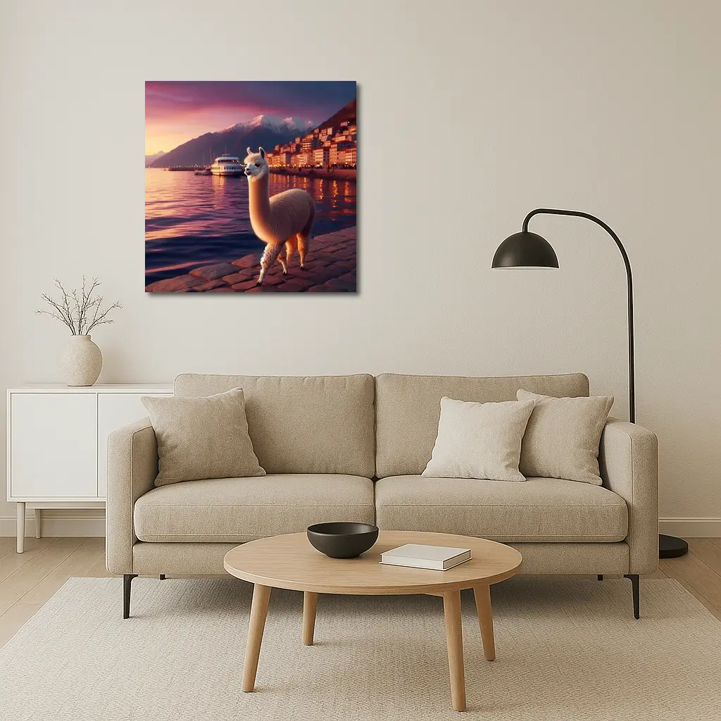 Alpaca Standing By Waterfront At Sunset – Wall Art