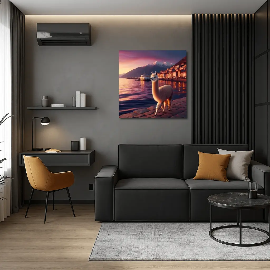 Alpaca Standing By Waterfront At Sunset – Wall Art