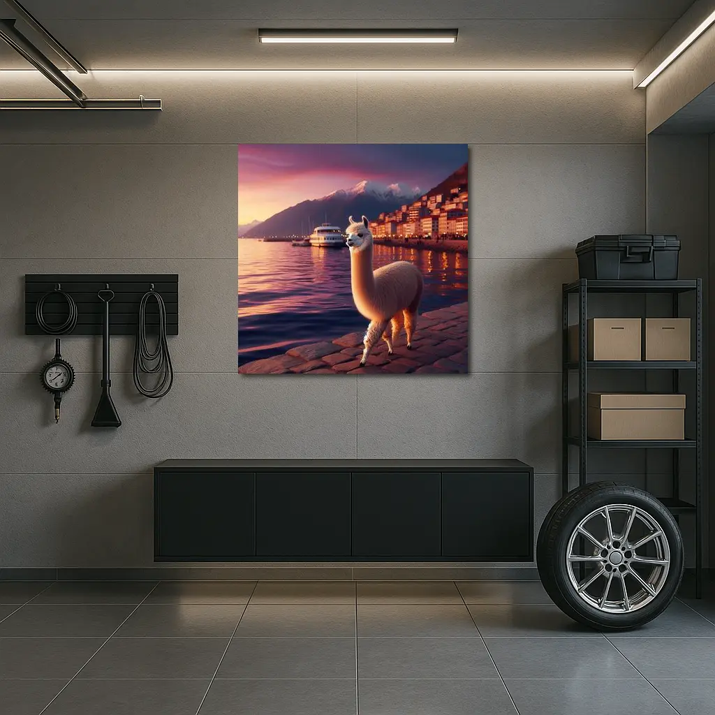 Alpaca Standing By Waterfront At Sunset – Wall Art