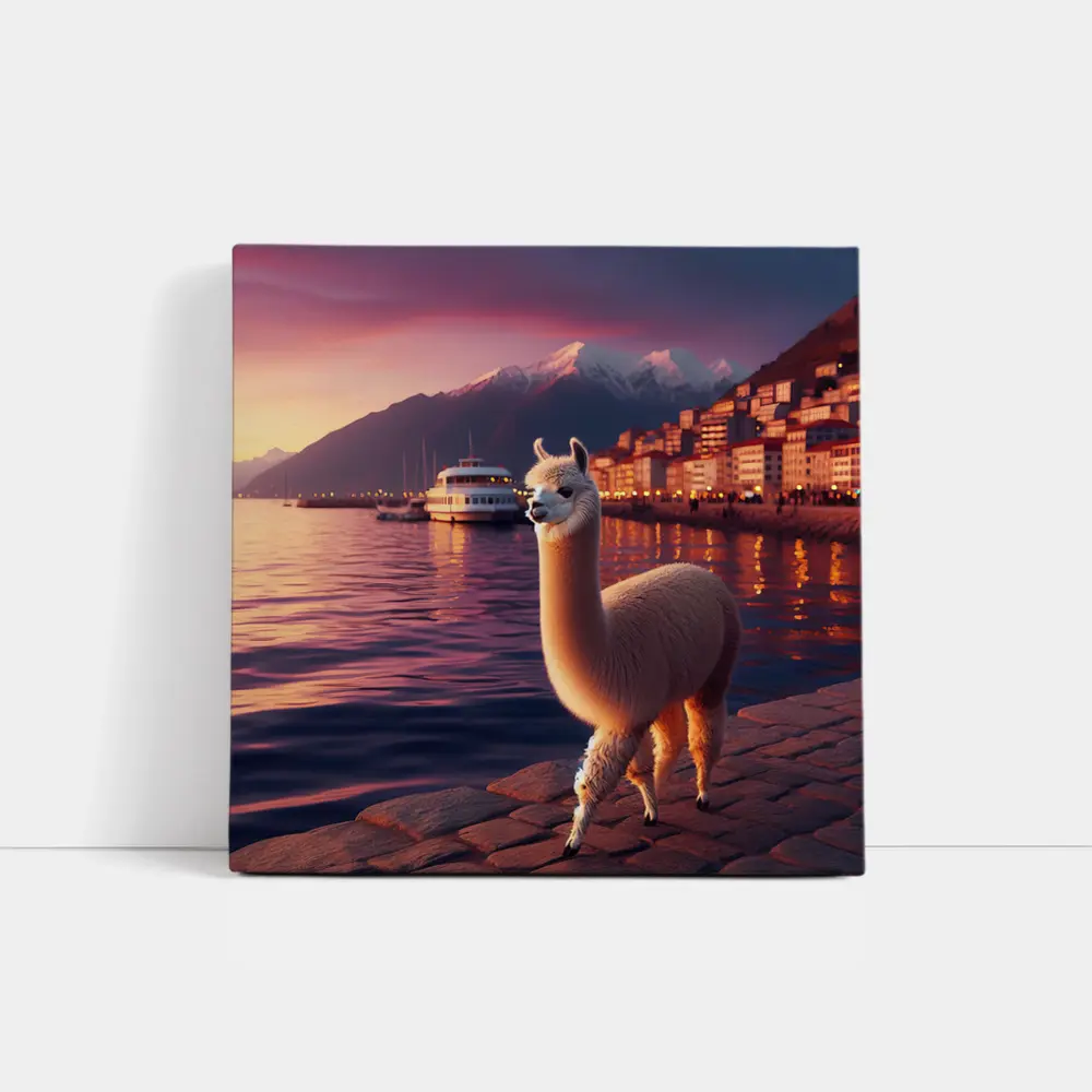 Alpaca Standing By Waterfront At Sunset – Wall Art