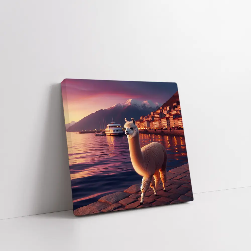 Alpaca Standing By Waterfront At Sunset – Wall Art