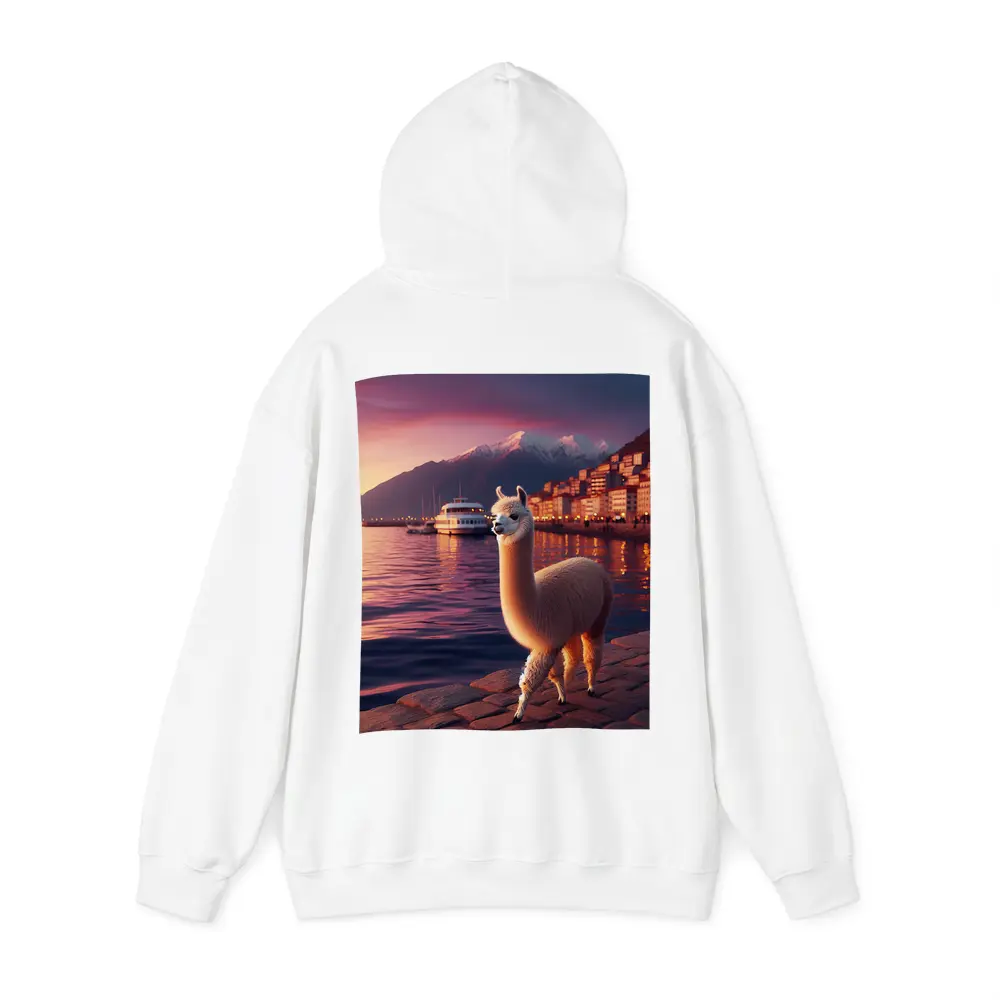 Alpaca Standing By Waterfront At Sunset – Hoodies