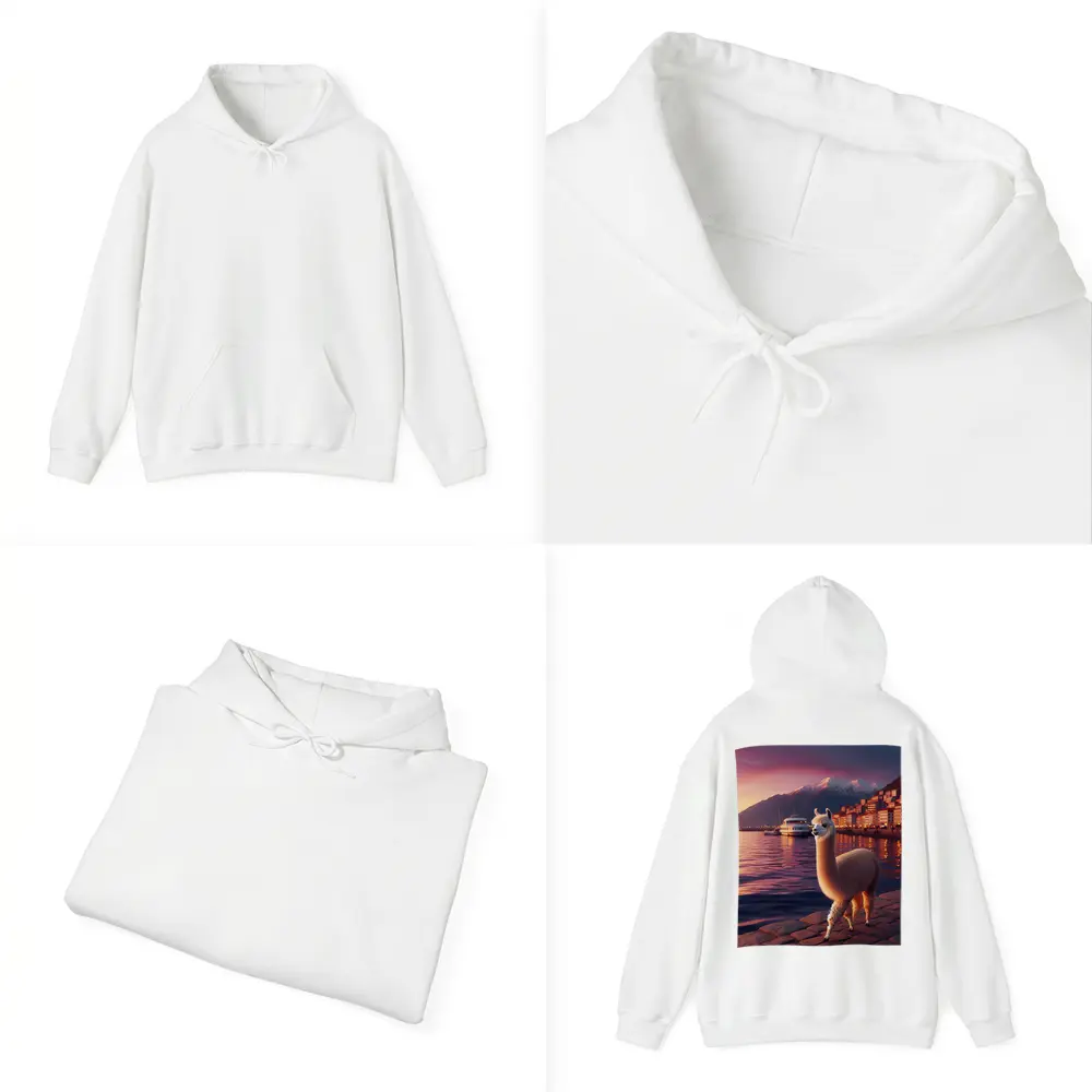 Alpaca Standing By Waterfront At Sunset – Hoodies