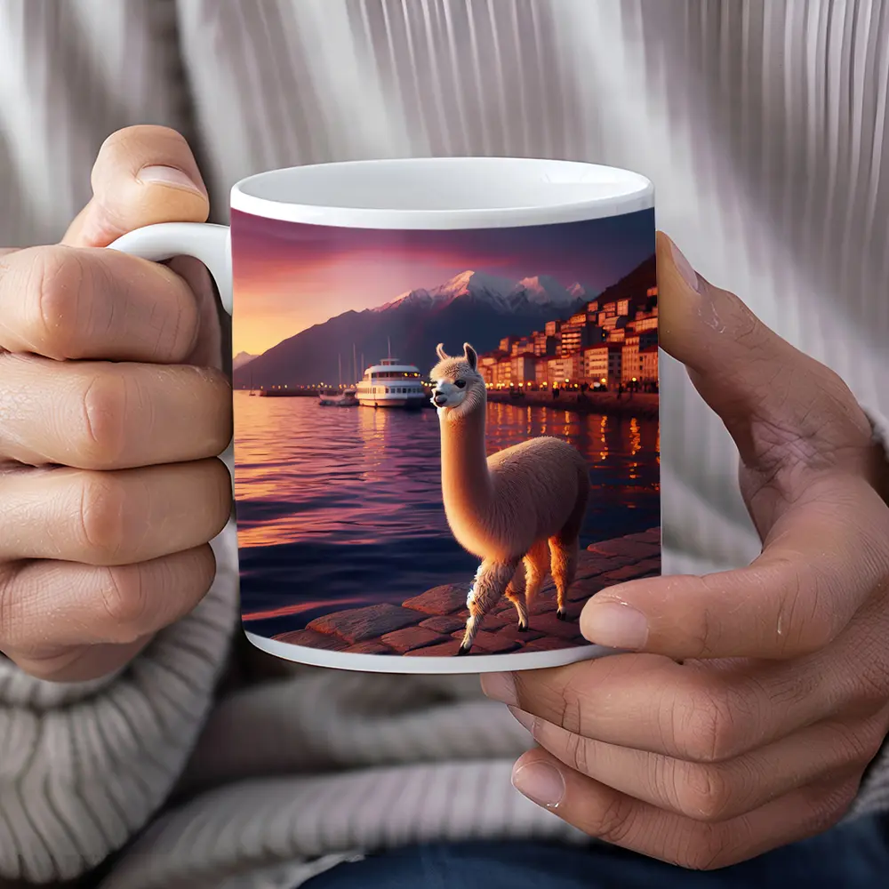 Alpaca Standing By Waterfront At Sunset – Mugs