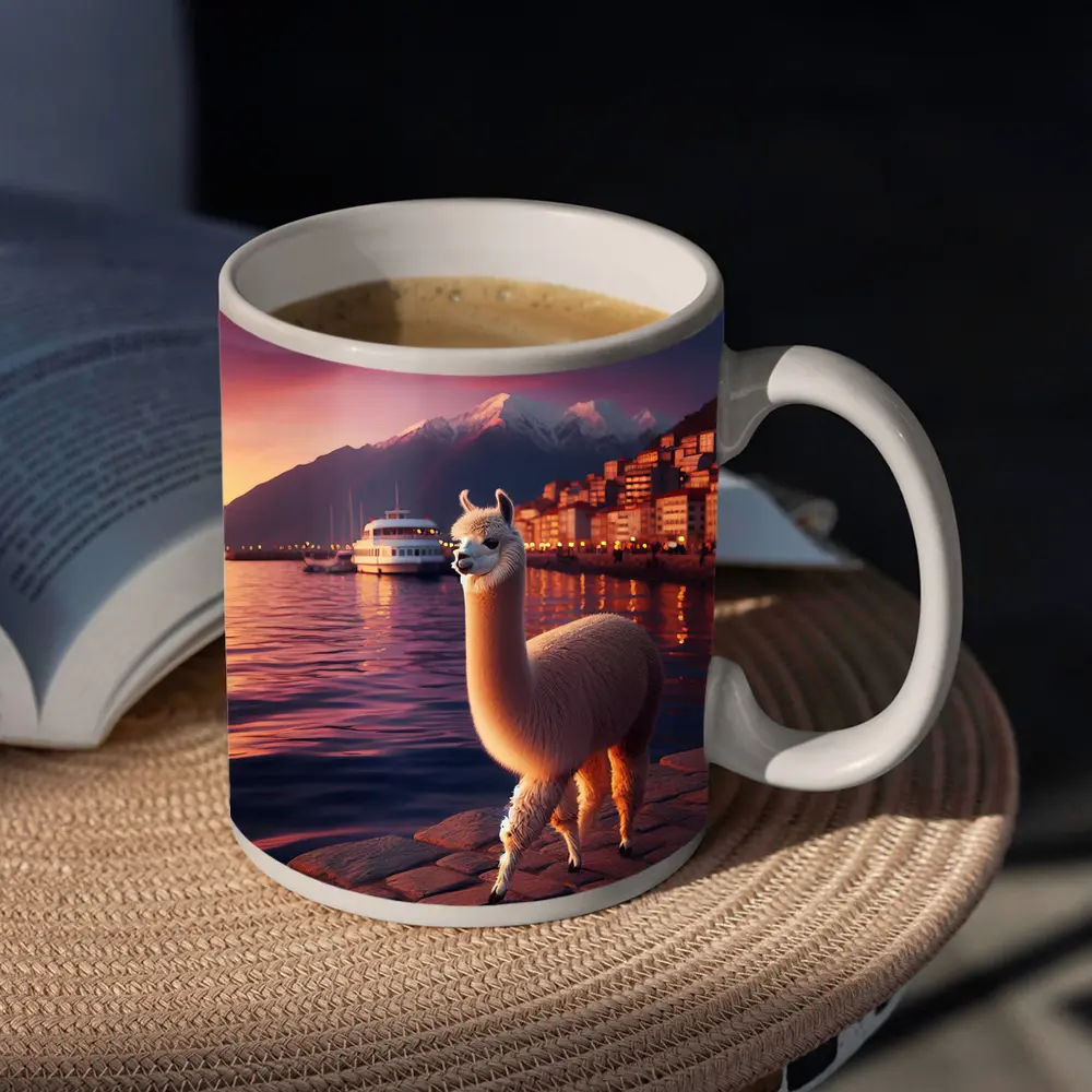 Alpaca Standing By Waterfront At Sunset – Mugs