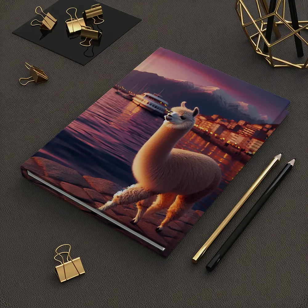 Alpaca Standing By Waterfront At Sunset – Notebooks