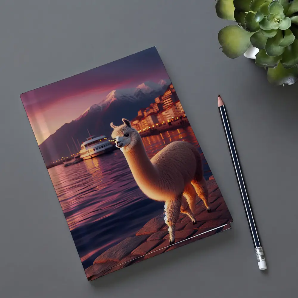 Alpaca Standing By Waterfront At Sunset – Notebooks