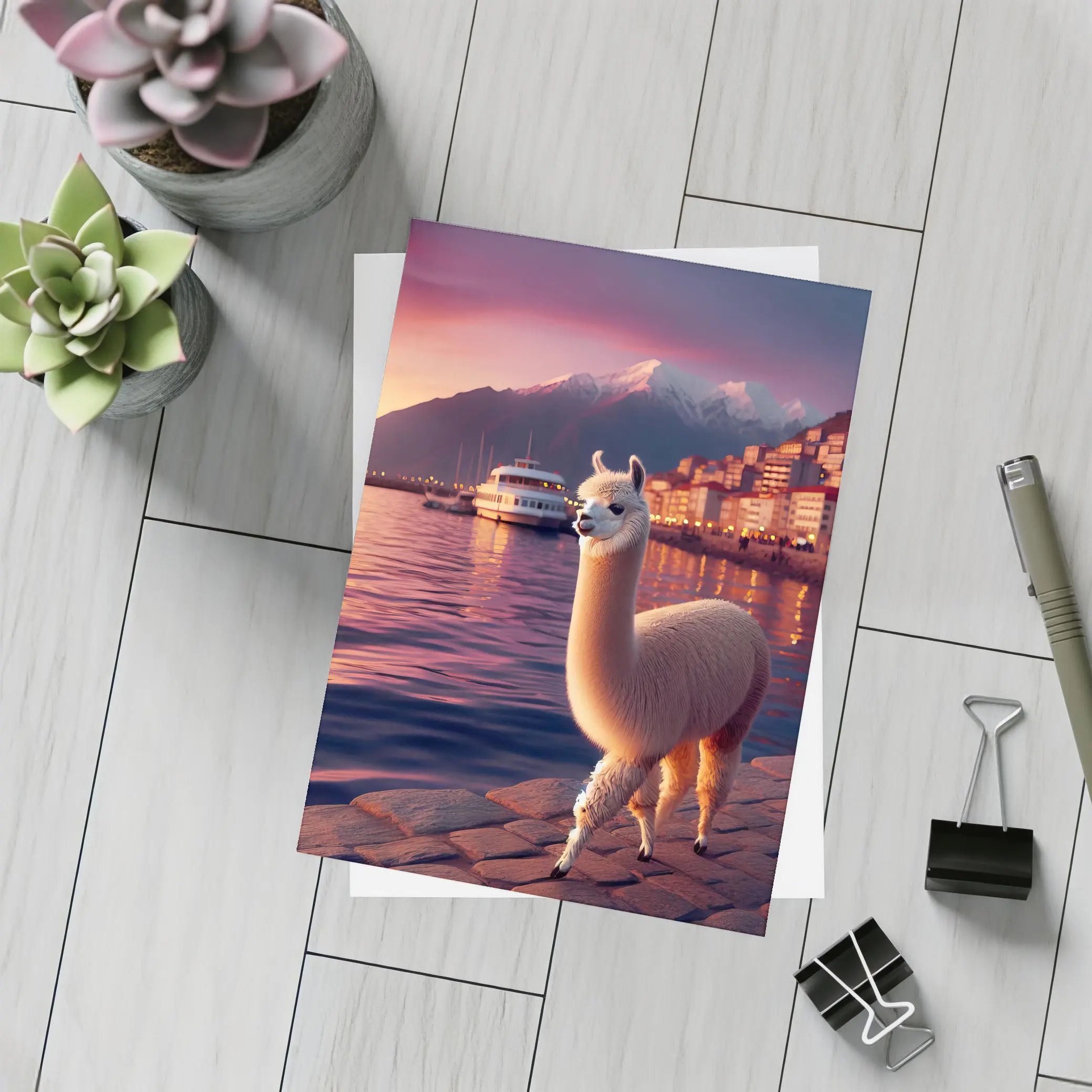 Alpaca Standing By Waterfront At Sunset – Postcards