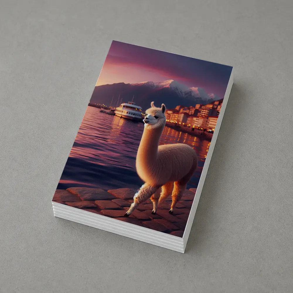 Alpaca Standing By Waterfront At Sunset – Postcards