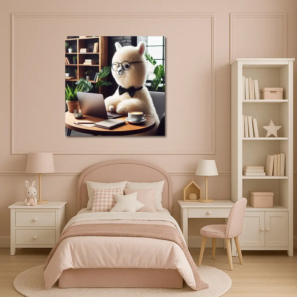 Fluffy Alpaca Working at Coffee Shop – Wall Art