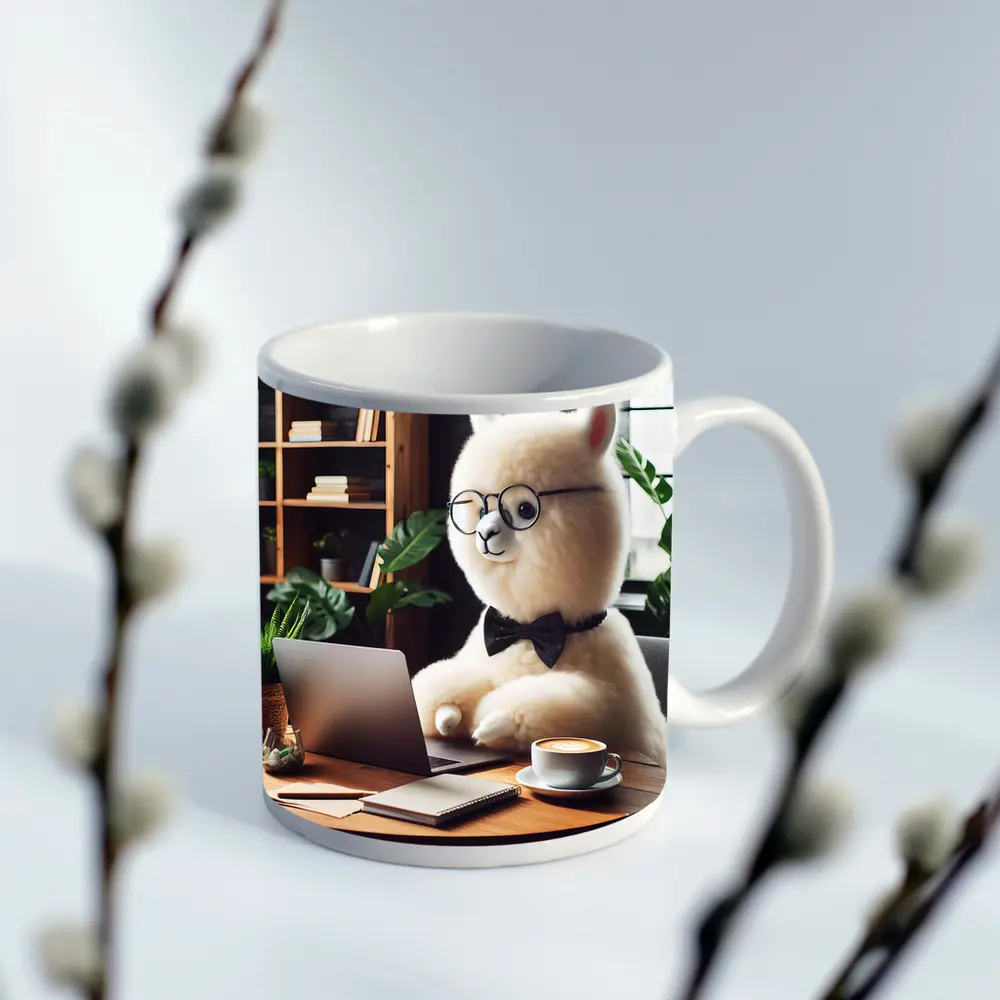 Fluffy Alpaca Working at Coffee Shop – Mugs