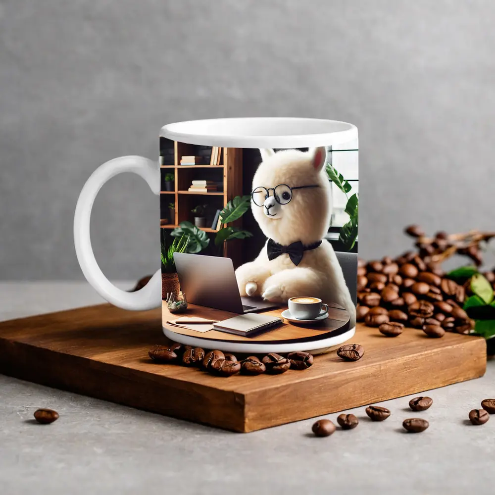 Fluffy Alpaca Working at Coffee Shop – Mugs