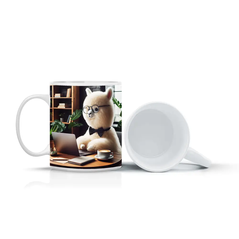 Fluffy Alpaca Working at Coffee Shop – Mugs