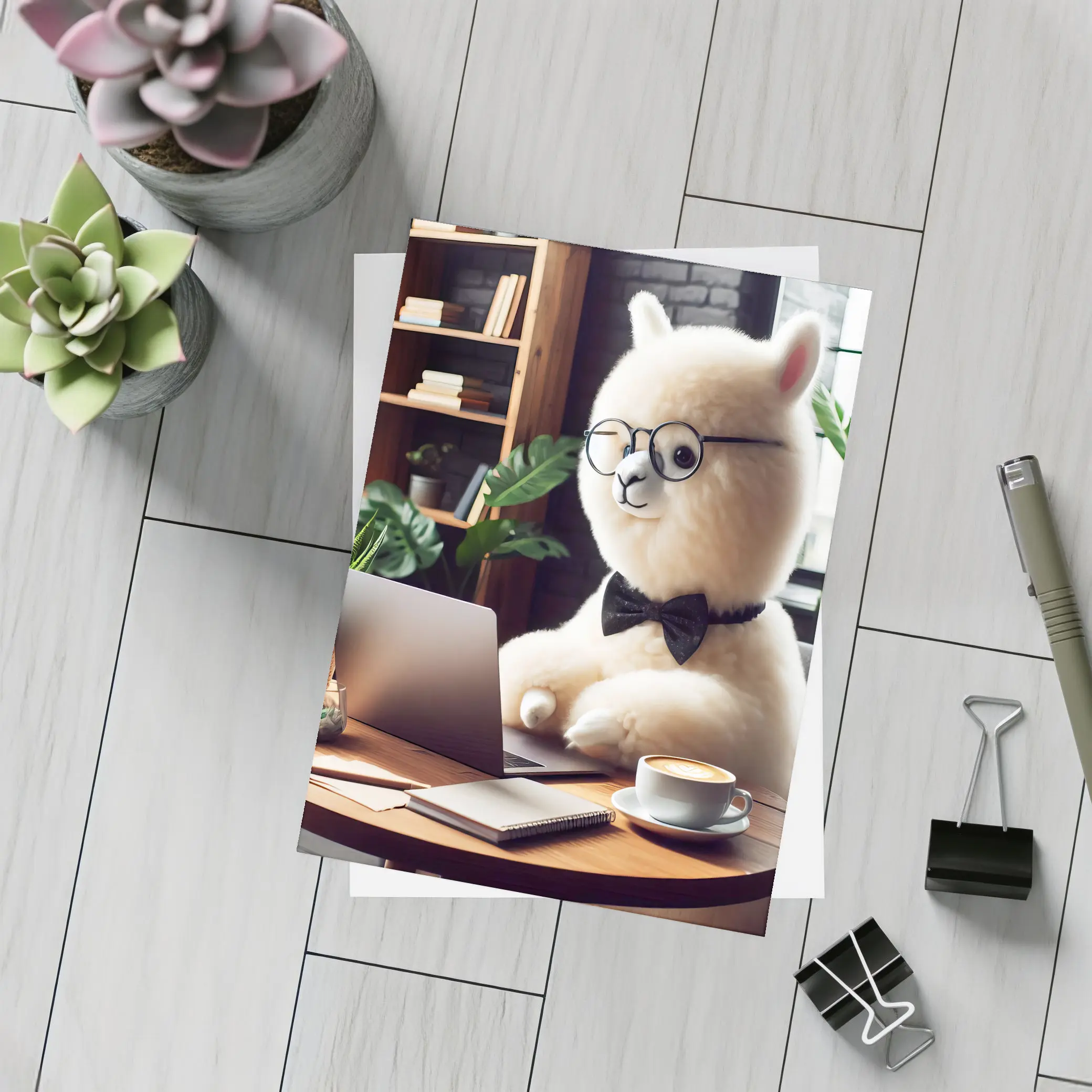 Fluffy Alpaca Working at Coffee Shop – Postcards