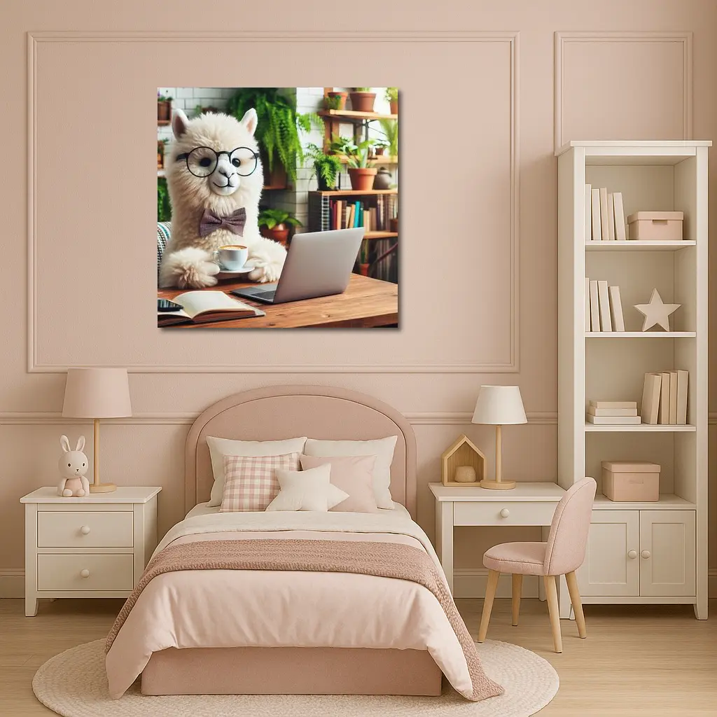 Alpaca With Glasses Working Cafe Setting – Wall Art