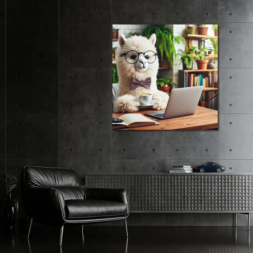 Alpaca With Glasses Working Cafe Setting – Wall Art