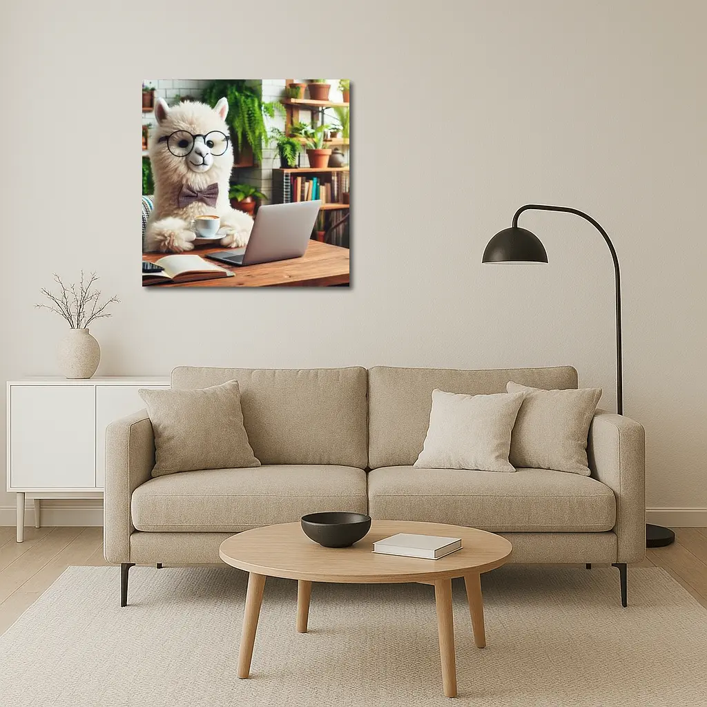 Alpaca With Glasses Working Cafe Setting – Wall Art