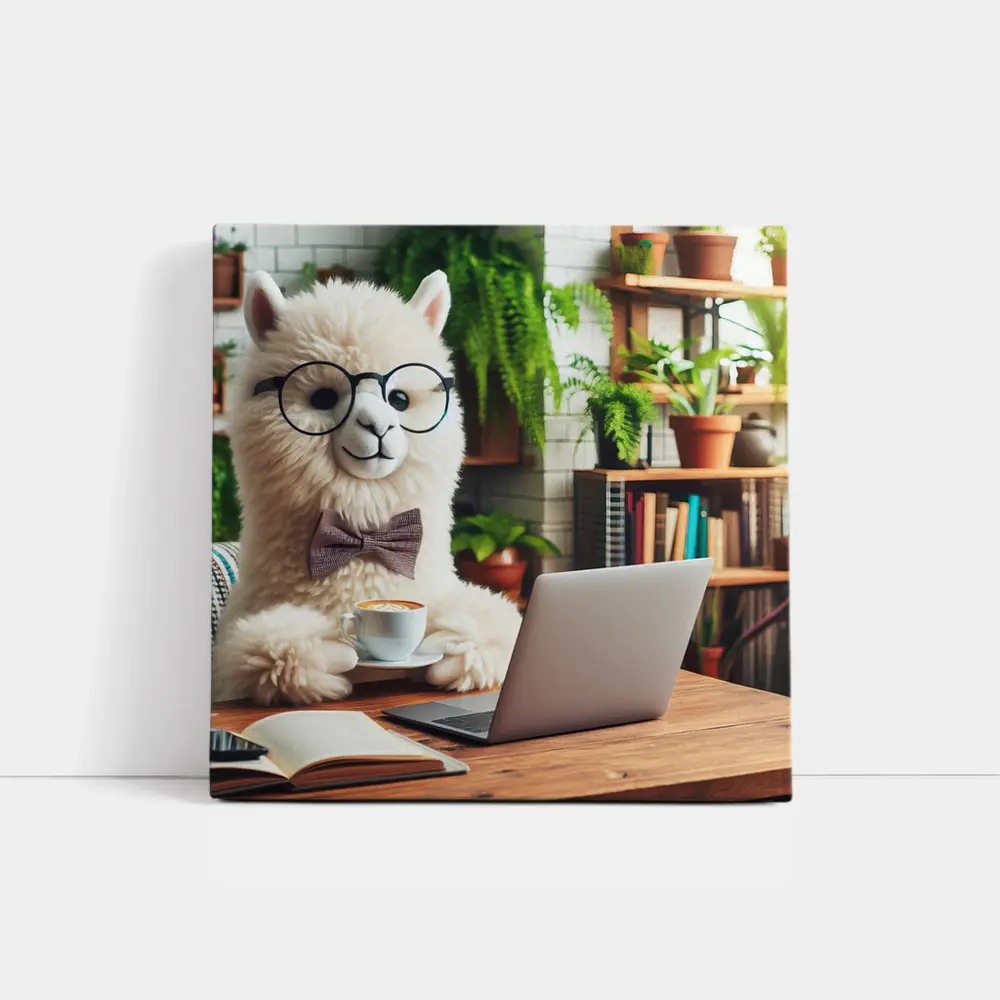 Alpaca With Glasses Working Cafe Setting – Wall Art