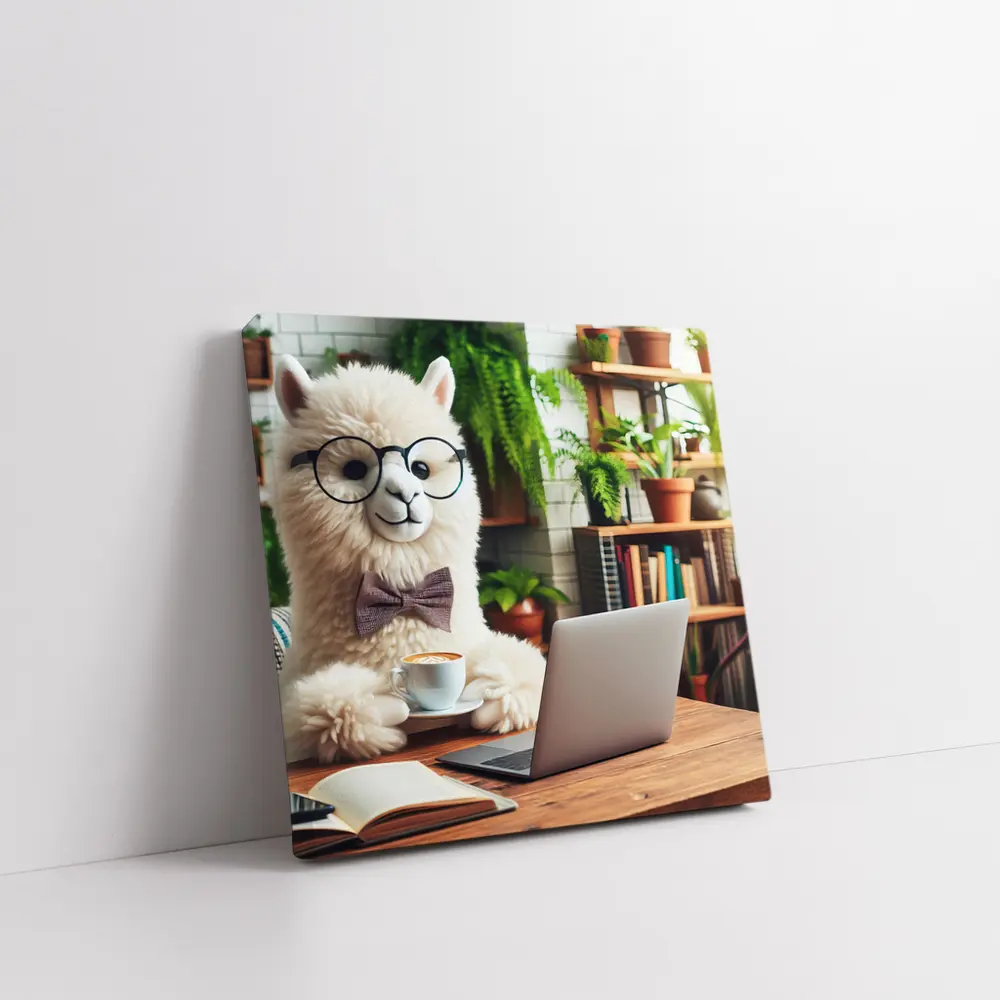 Alpaca With Glasses Working Cafe Setting – Wall Art