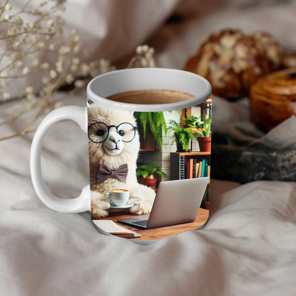 Alpaca With Glasses Working Cafe Setting – Mugs