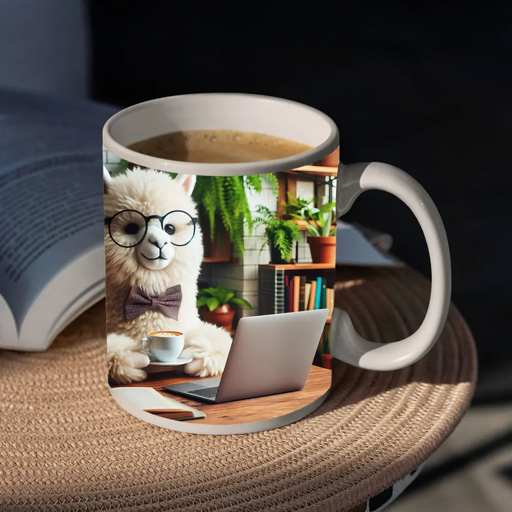 Alpaca With Glasses Working Cafe Setting – Mugs