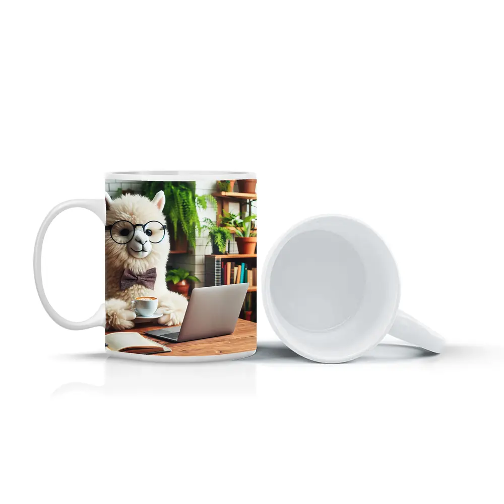 Alpaca With Glasses Working Cafe Setting – Mugs
