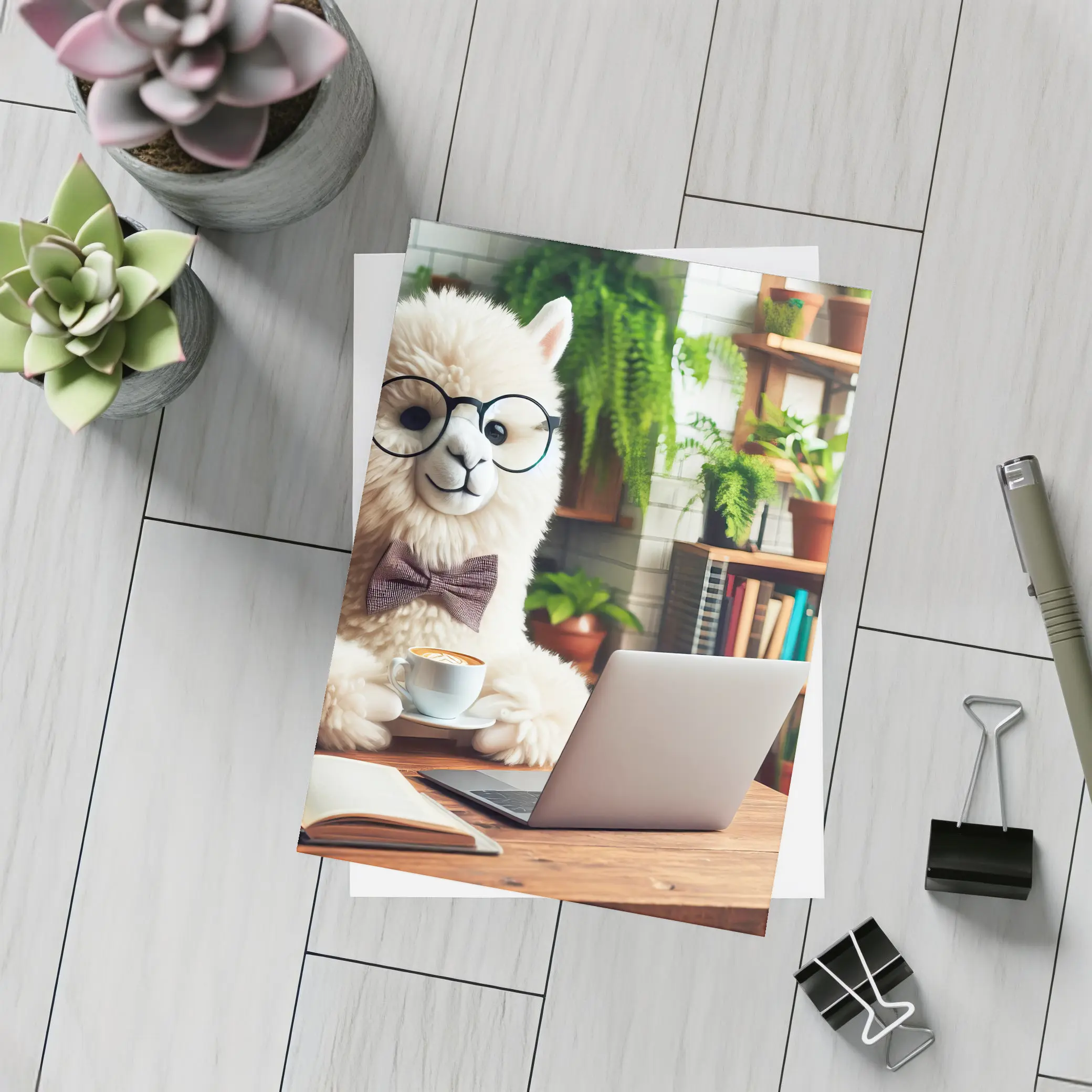 Alpaca With Glasses Working Cafe Setting – Postcards
