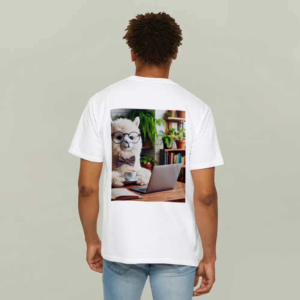 Alpaca With Glasses Working Cafe Setting – T-Shirts