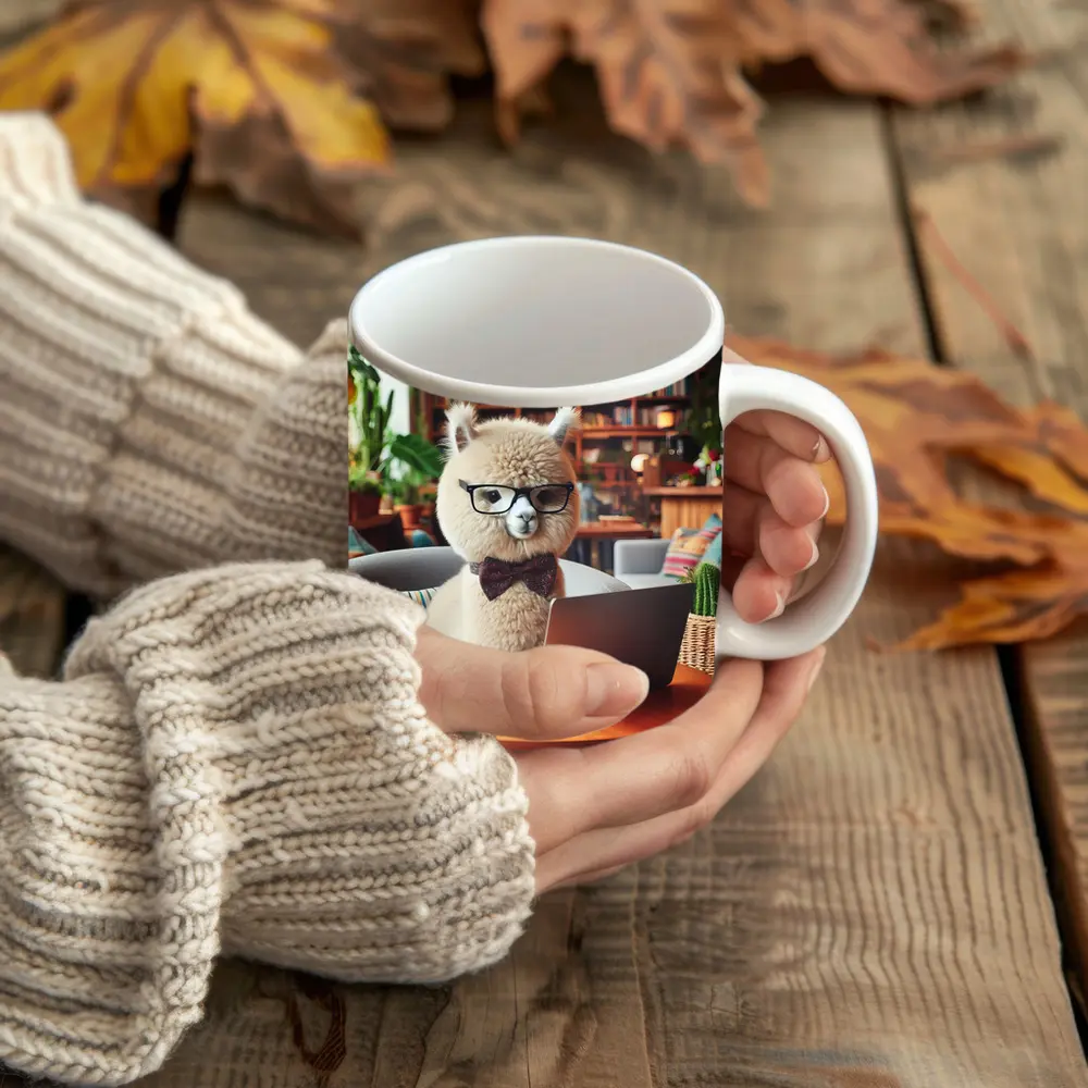 Alpaca Wearing Glasses Working On Laptop – Mugs