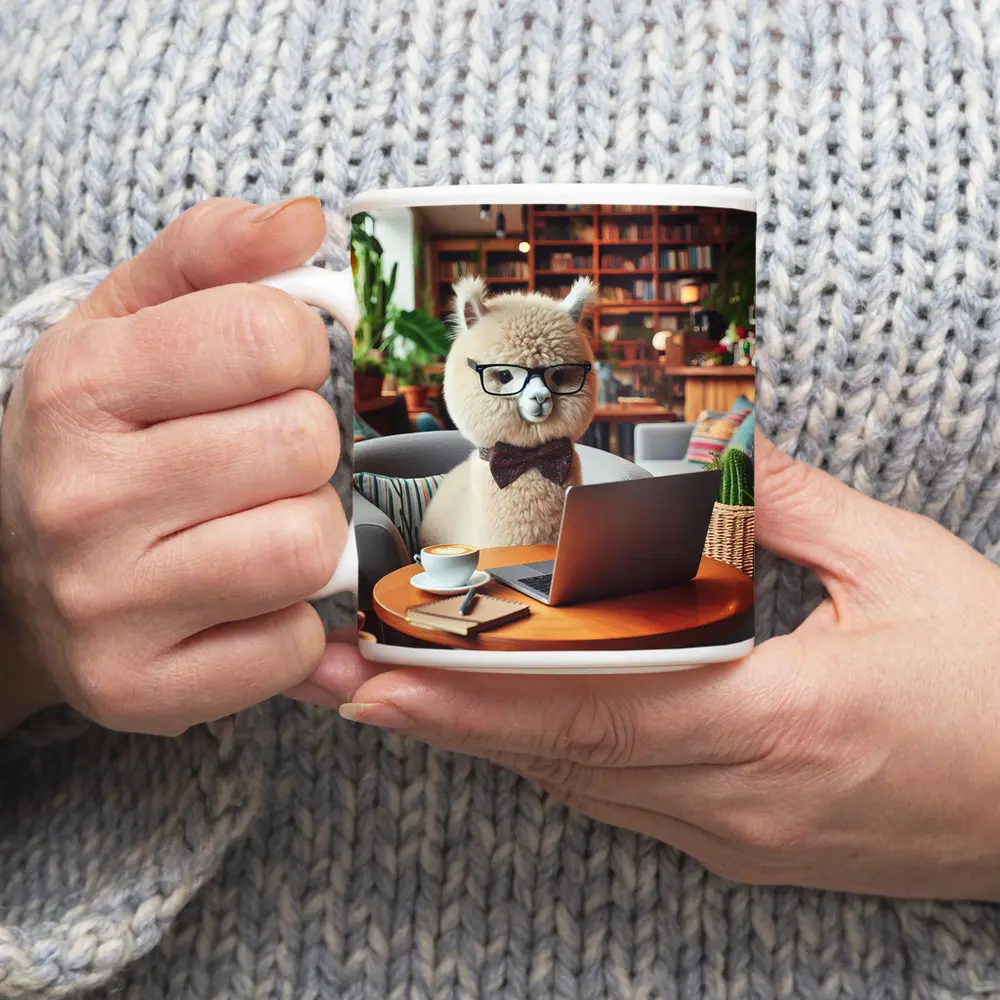 Alpaca Wearing Glasses Working On Laptop – Mugs