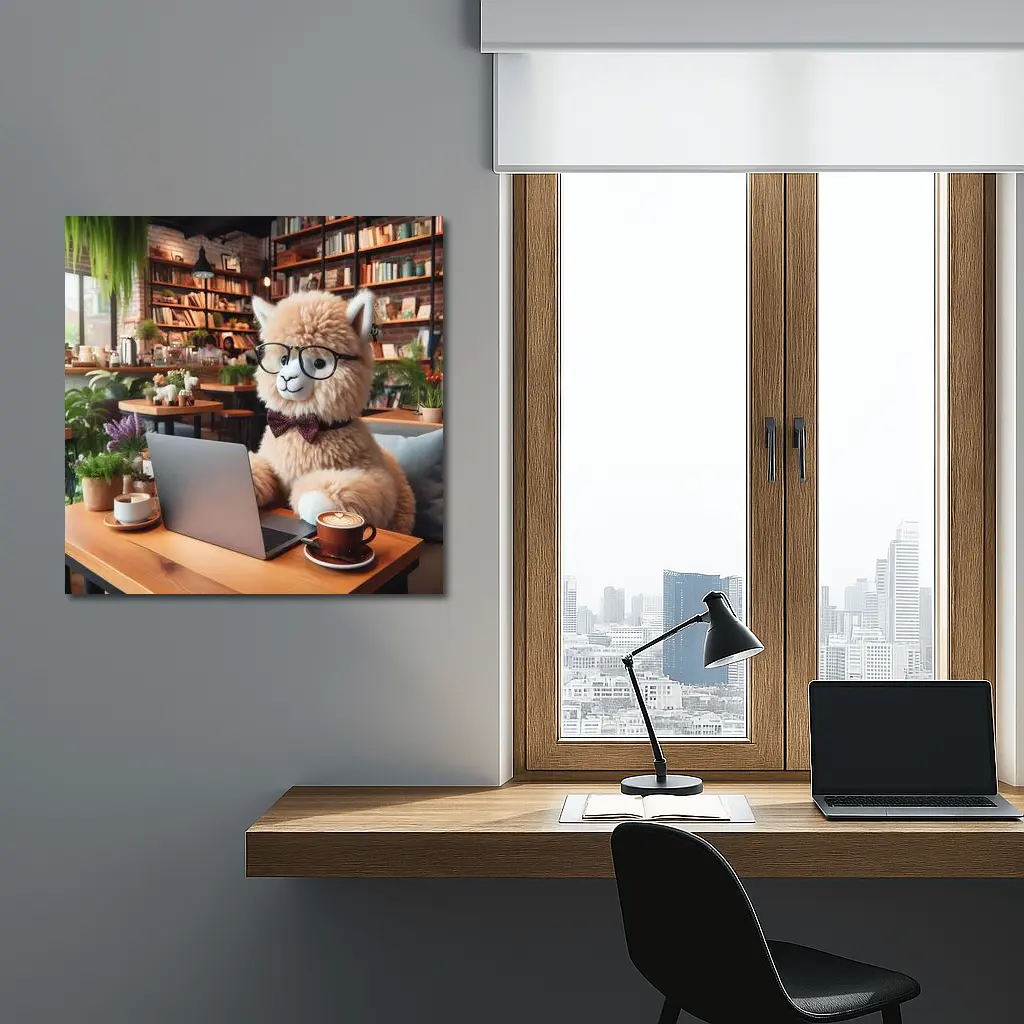 Alpaca With Glasses Working In Cozy Cafe – Wall Art