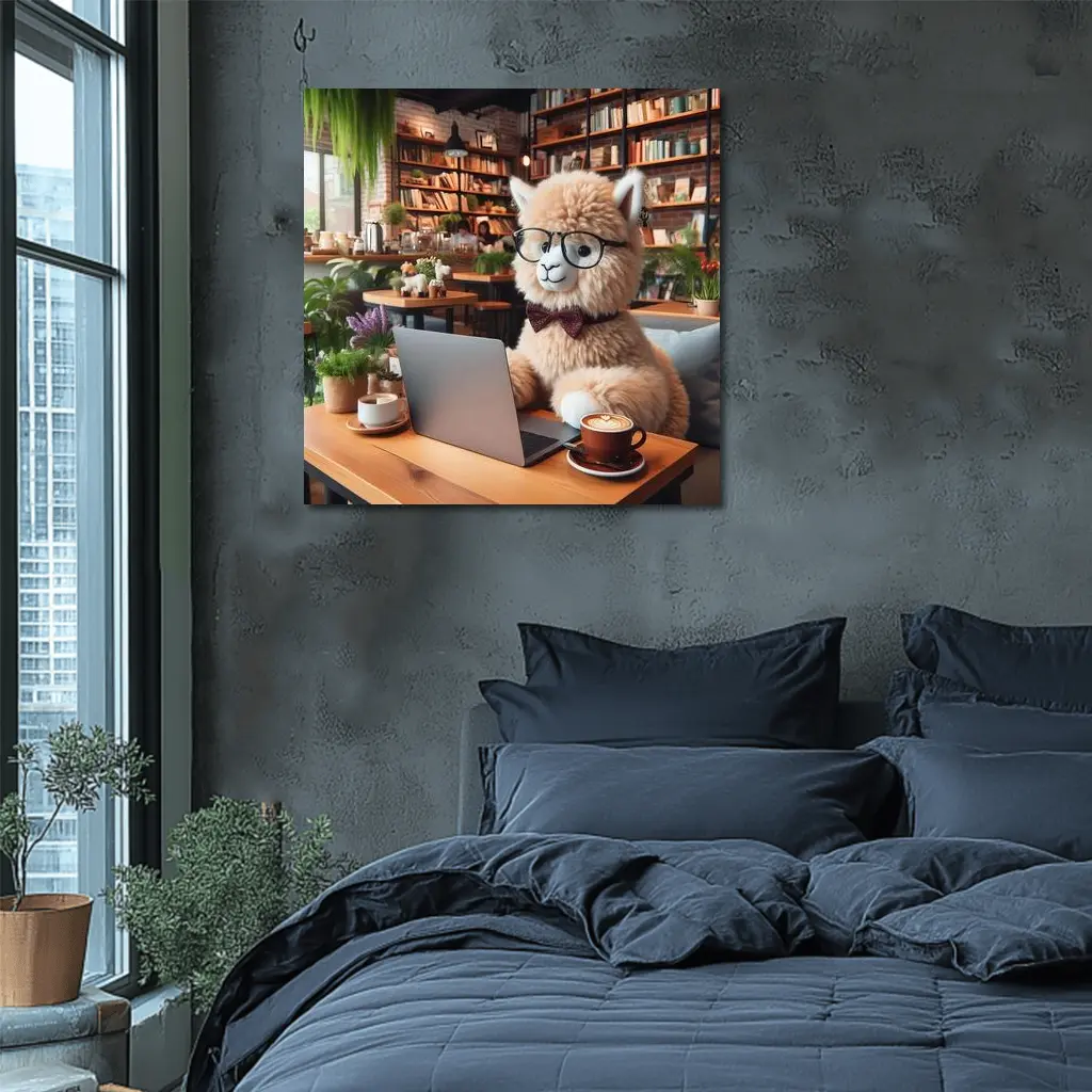 Alpaca With Glasses Working In Cozy Cafe – Wall Art