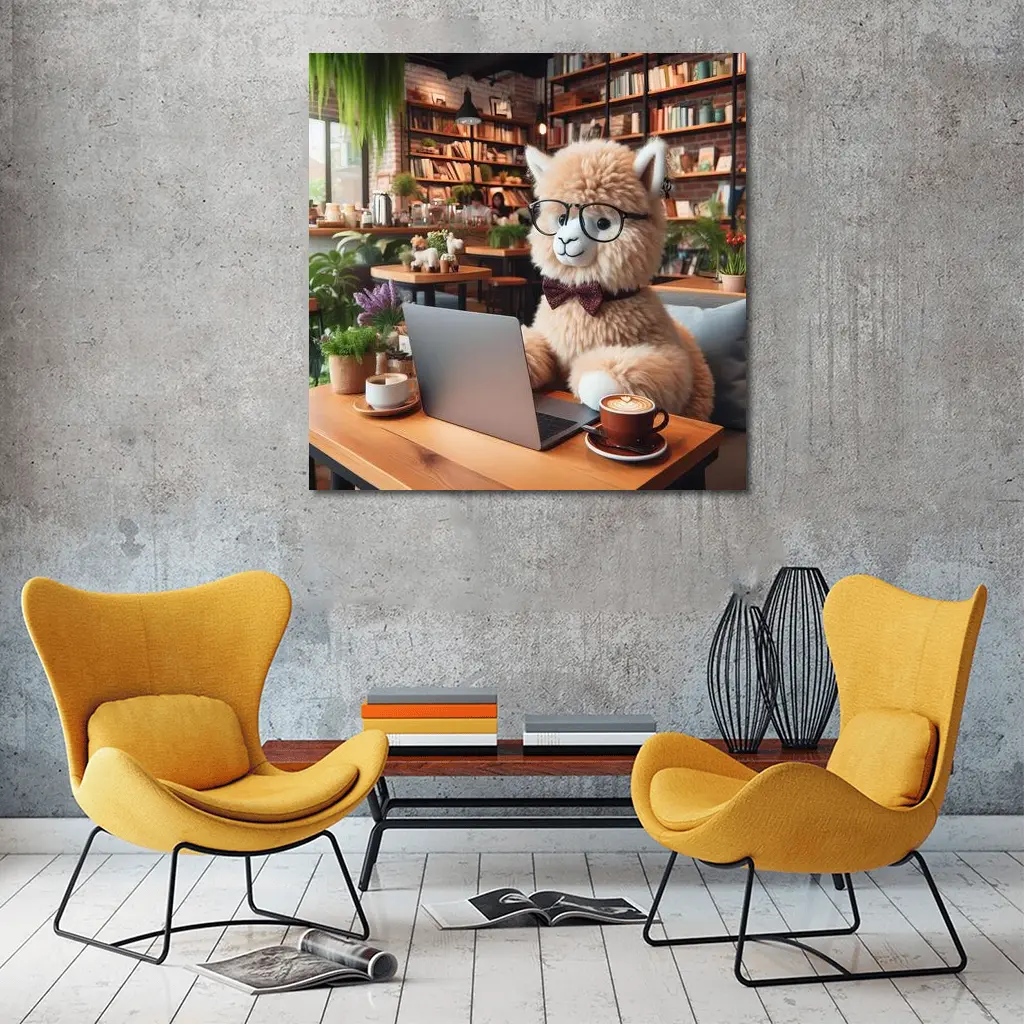 Alpaca With Glasses Working In Cozy Cafe – Wall Art