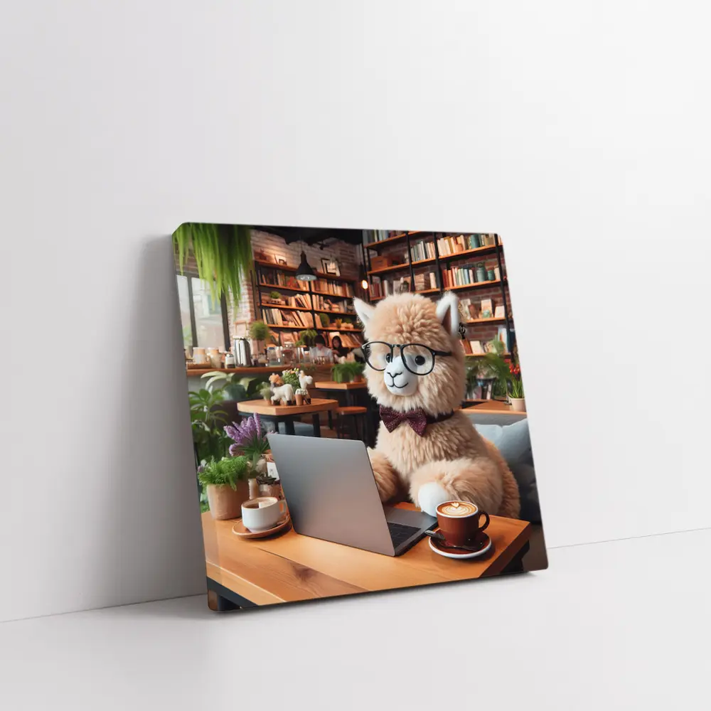 Alpaca With Glasses Working In Cozy Cafe – Wall Art