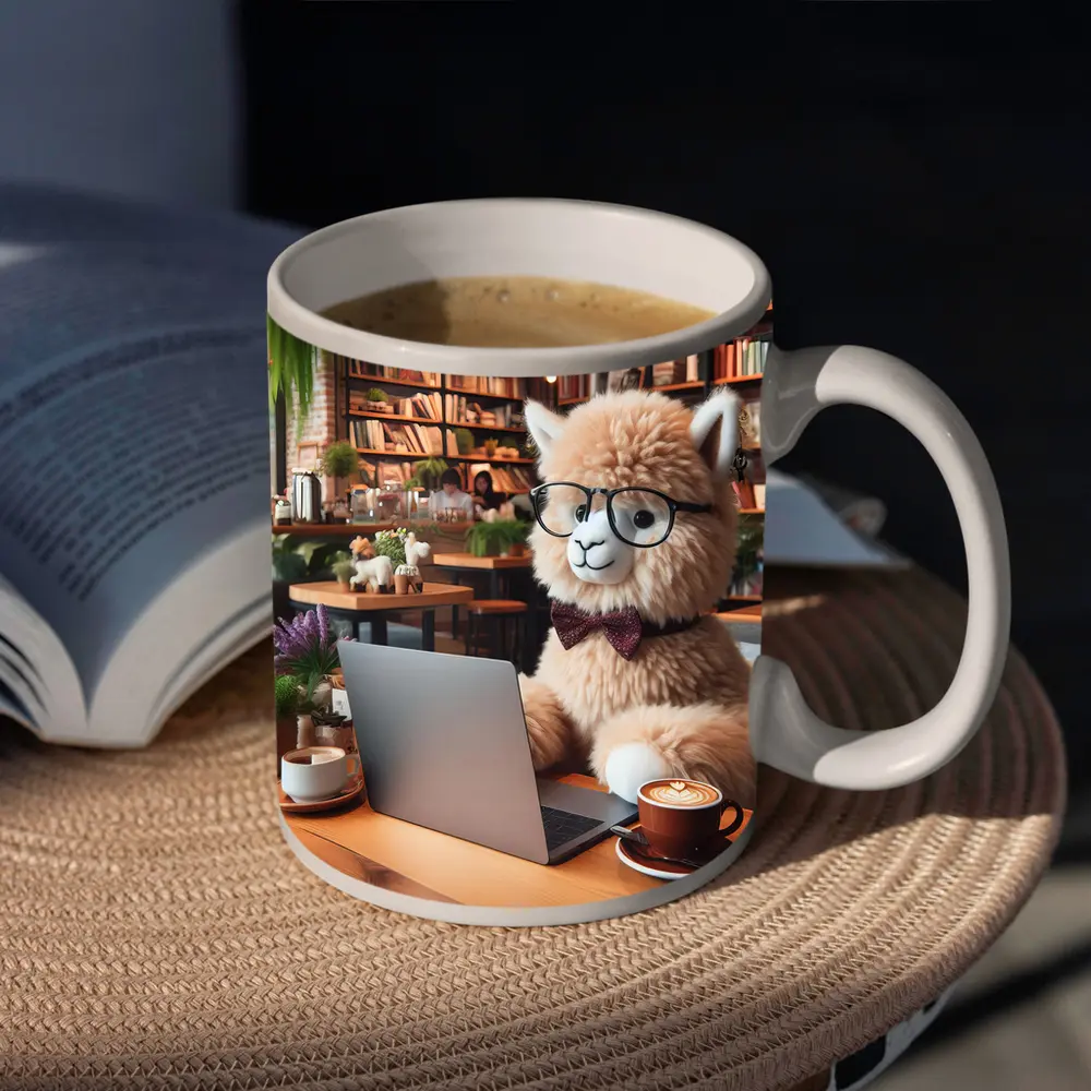Alpaca With Glasses Working In Cozy Cafe – Mugs