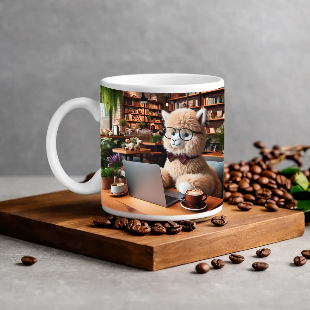 Alpaca With Glasses Working In Cozy Cafe – Mugs