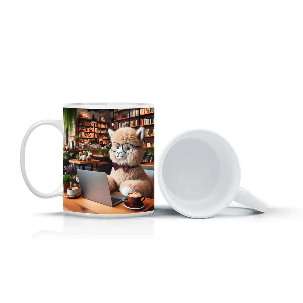 Alpaca With Glasses Working In Cozy Cafe – Mugs