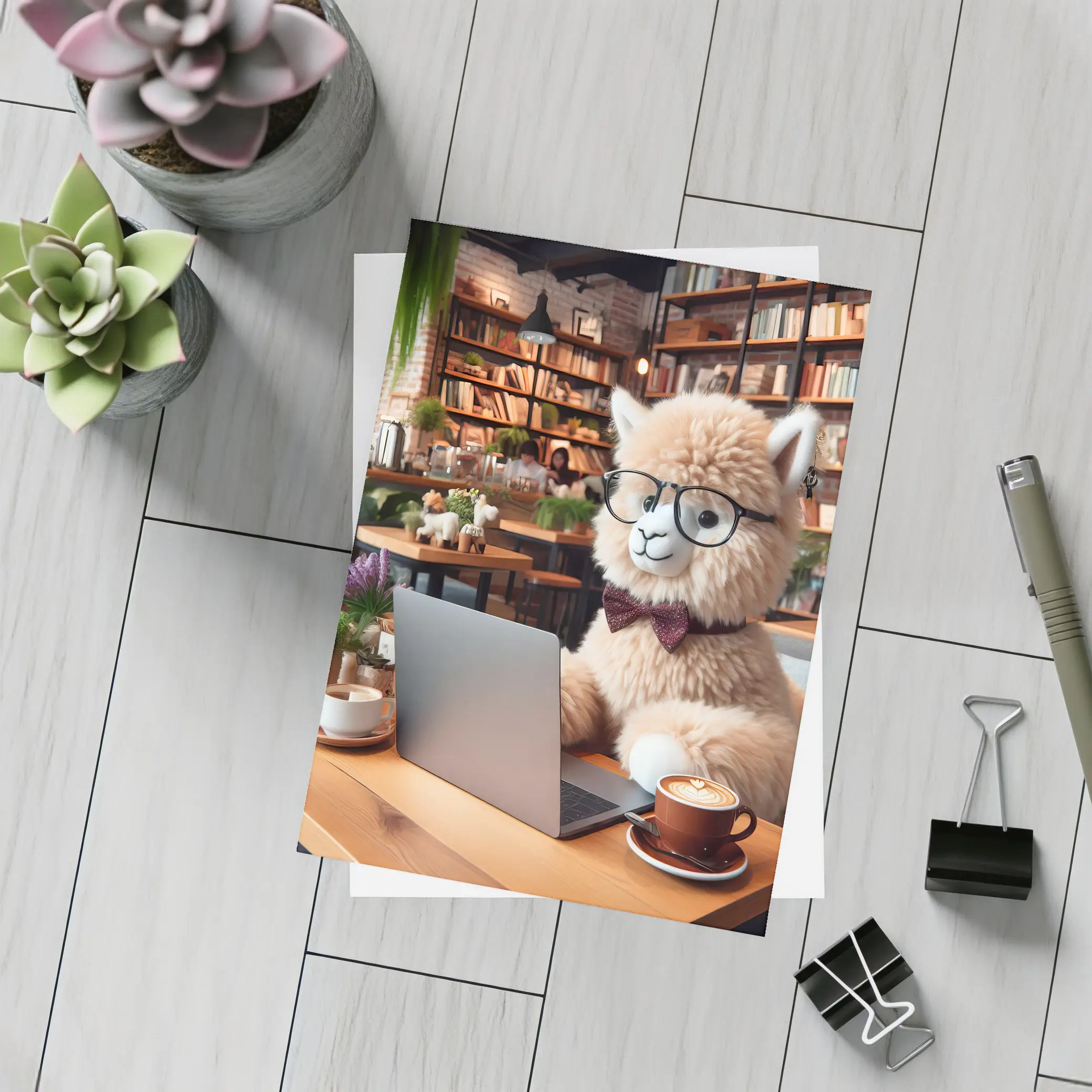 Alpaca With Glasses Working In Cozy Cafe – Postcards