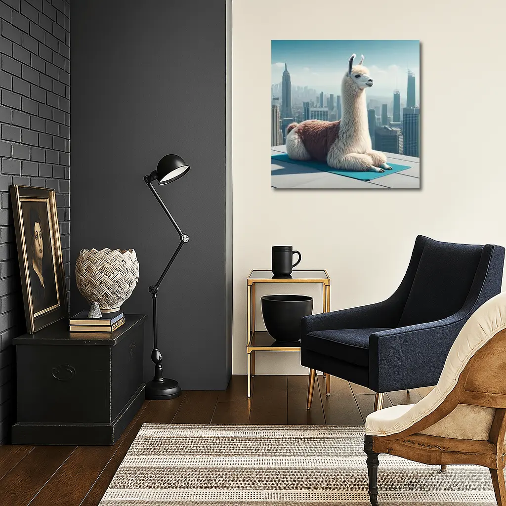 Llama Sitting On Yoga Mat City Skyline – Wall Art
