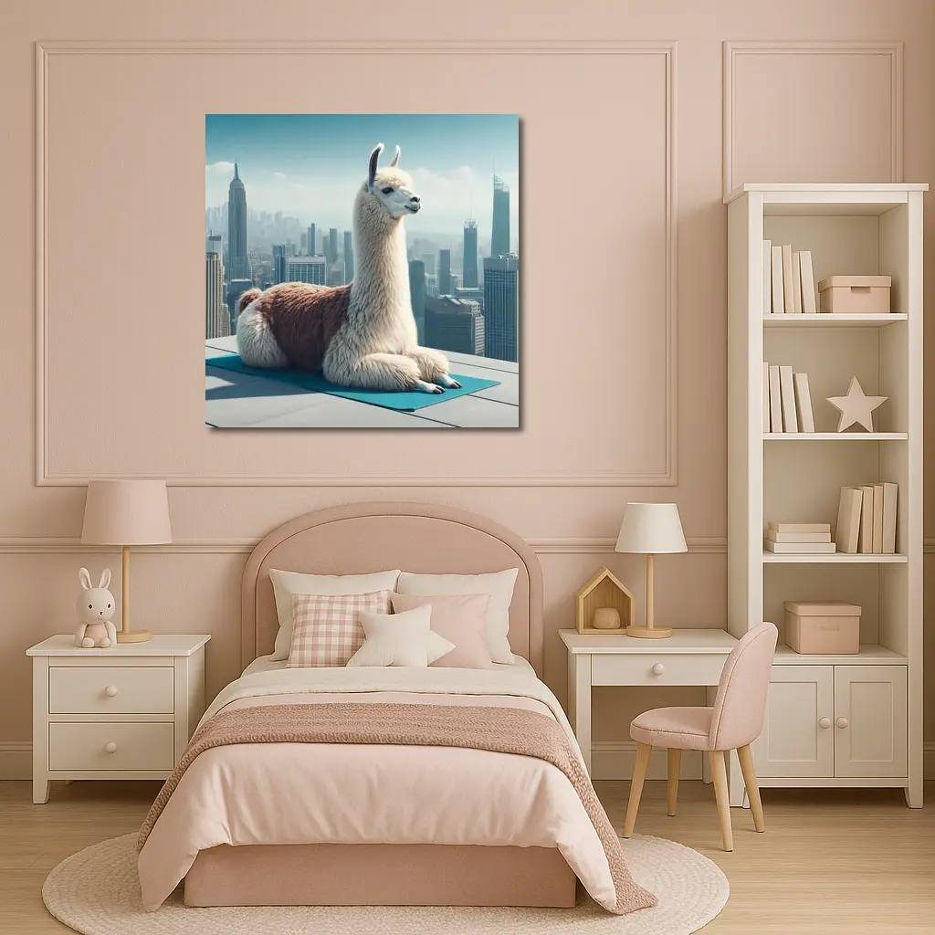 Llama Sitting On Yoga Mat City Skyline – Wall Art