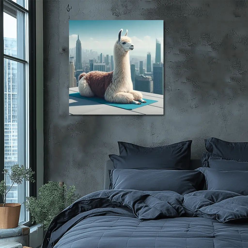 Llama Sitting On Yoga Mat City Skyline – Wall Art