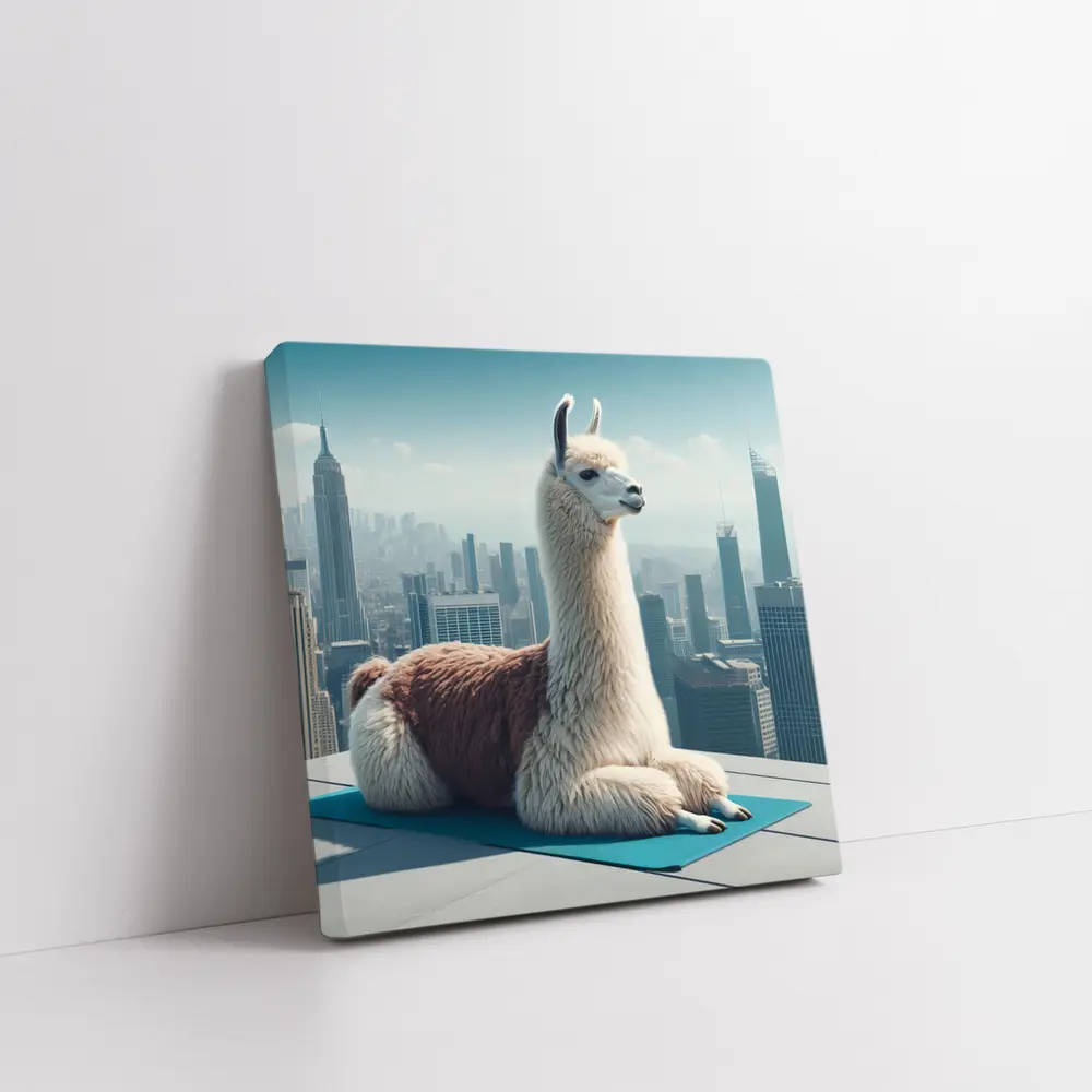 Llama Sitting On Yoga Mat City Skyline – Wall Art