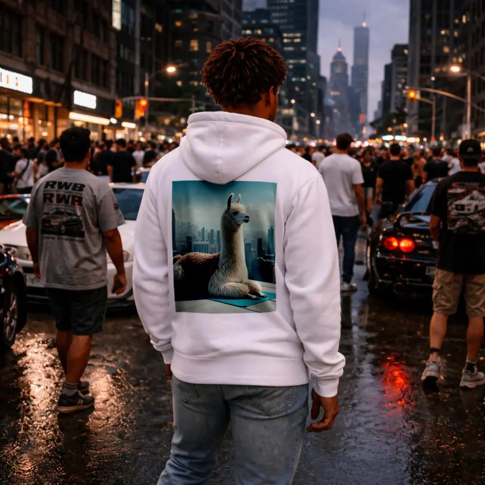 Llama Sitting On Yoga Mat City Skyline – Hoodies