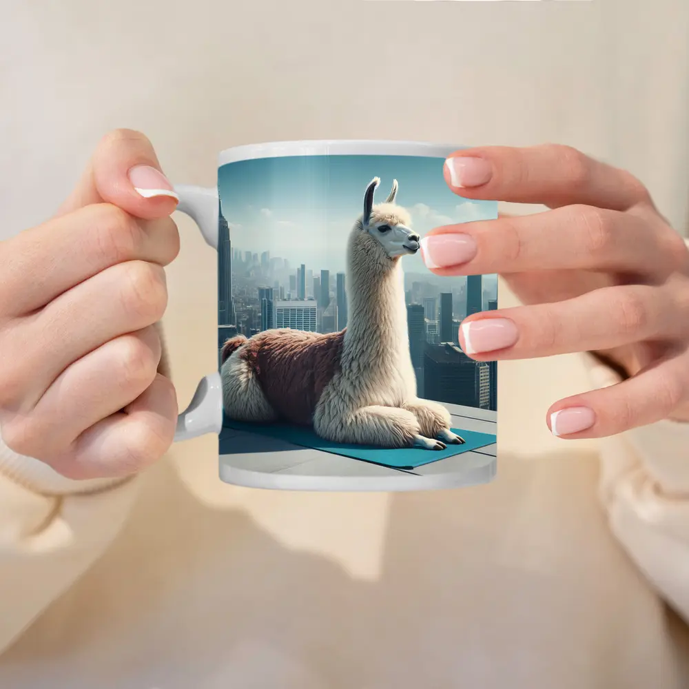 Llama Sitting On Yoga Mat City Skyline – Mugs