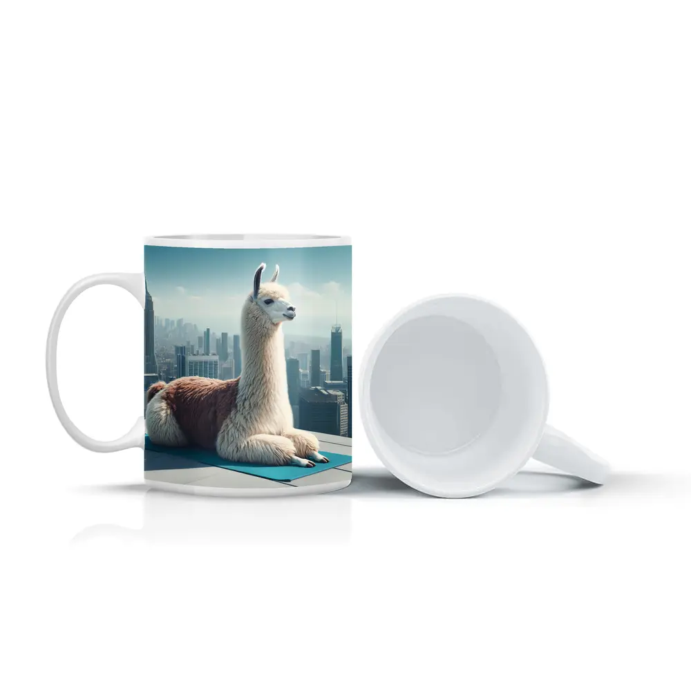 Llama Sitting On Yoga Mat City Skyline – Mugs