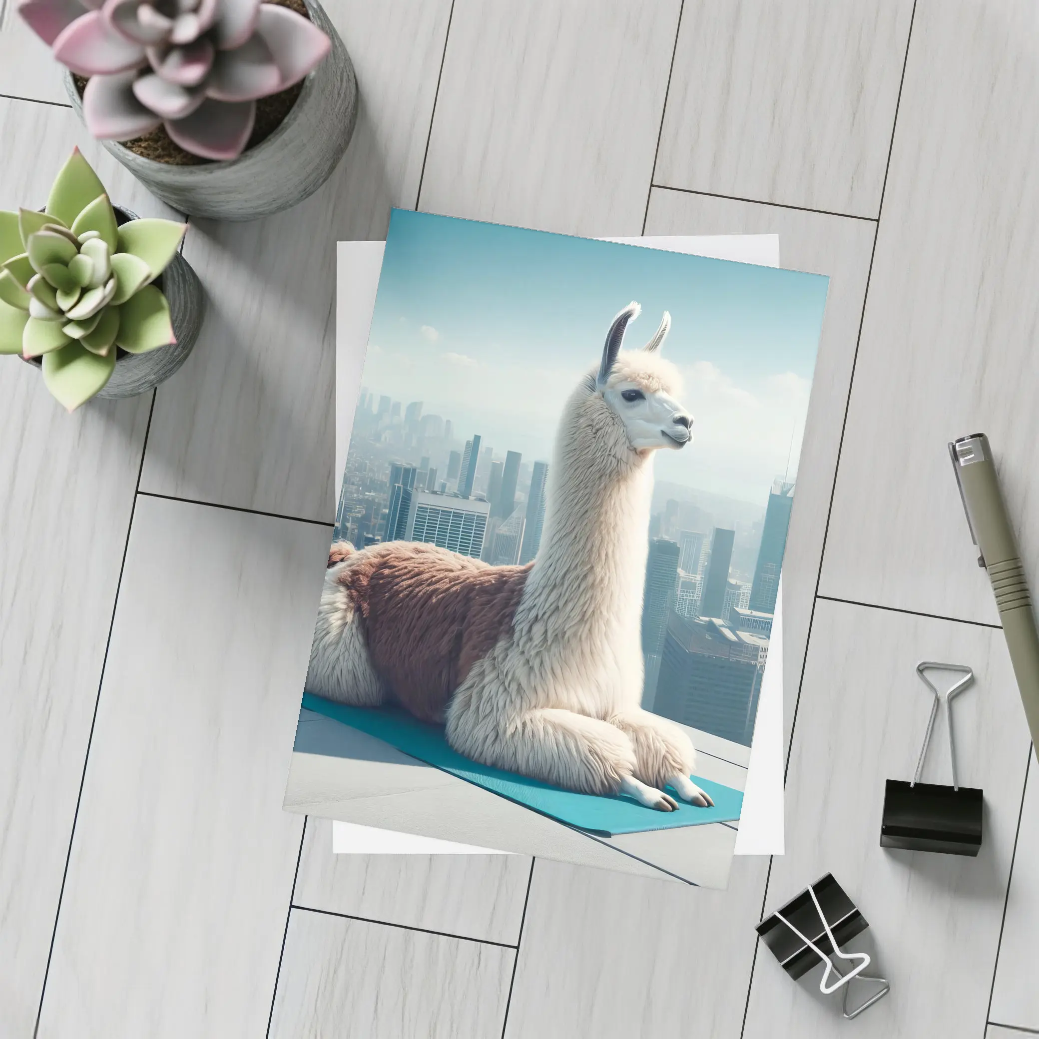 Llama Sitting On Yoga Mat City Skyline – Postcards