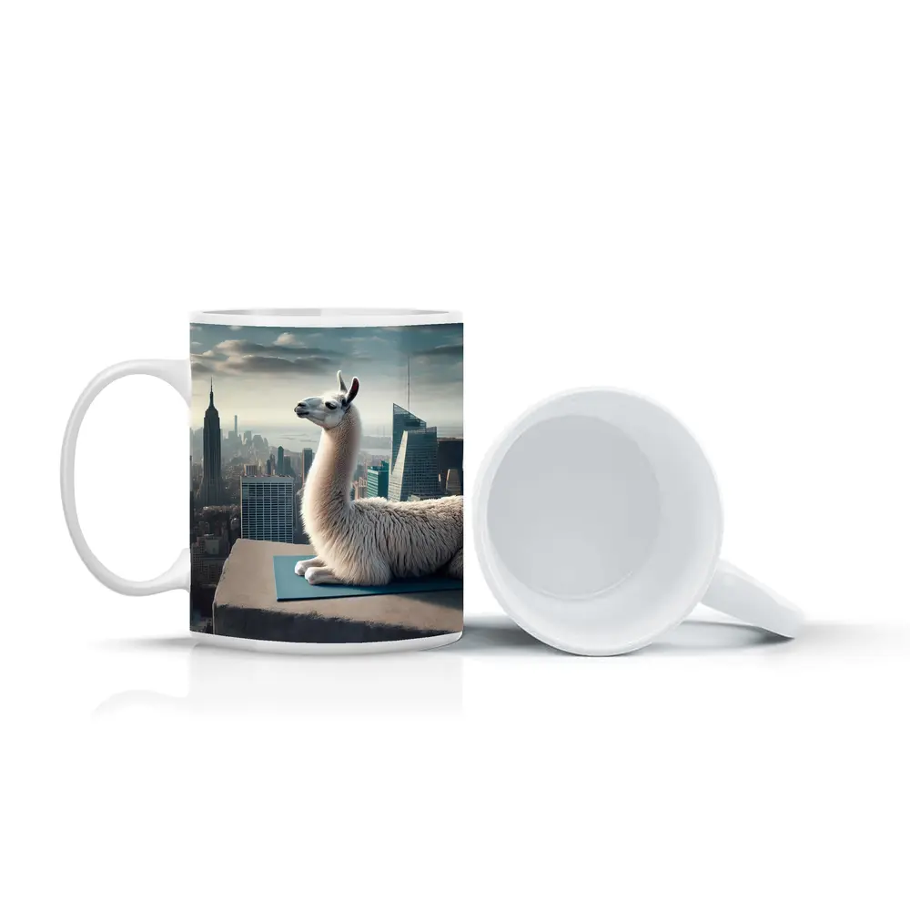 Llama on Yoga Mat New York Skyline – Mugs