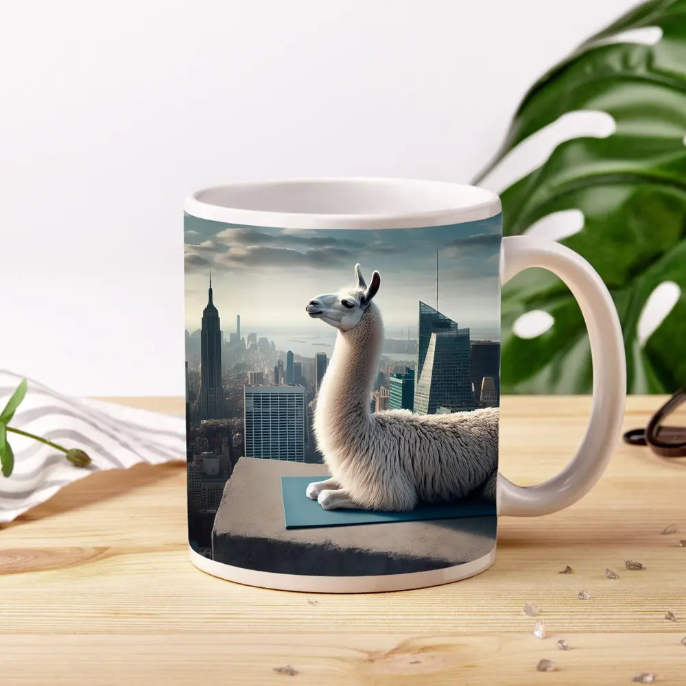 Llama on Yoga Mat New York Skyline – Mugs
