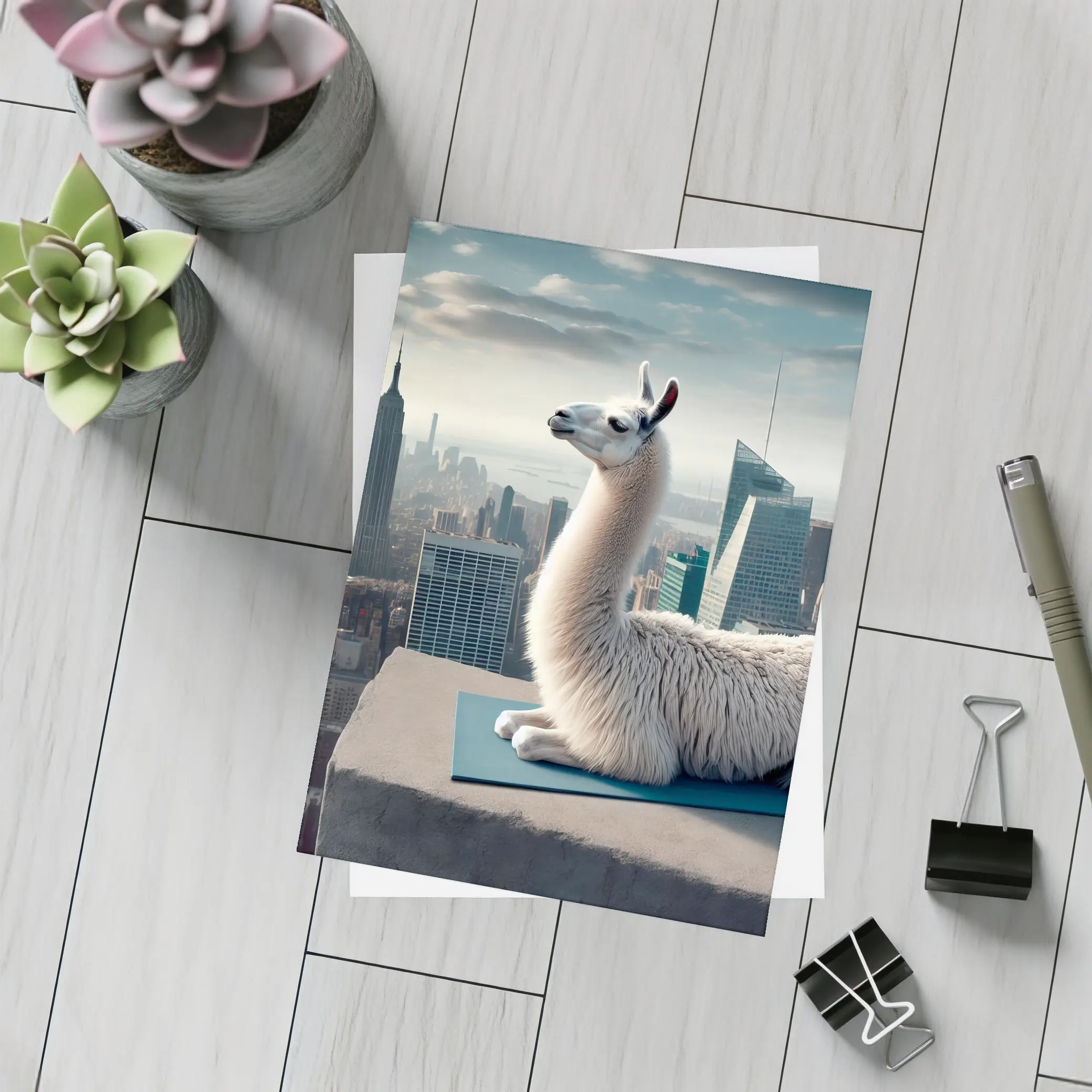 Llama on Yoga Mat New York Skyline – Postcards
